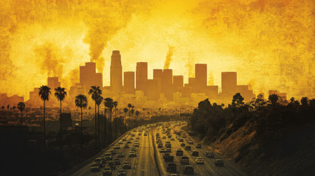 A dramatic urban scene featuring a city skyline at sunset, highlighted by smoke pollution and silhouetted buildings, creating an impactful view of environmental concerns.の素材