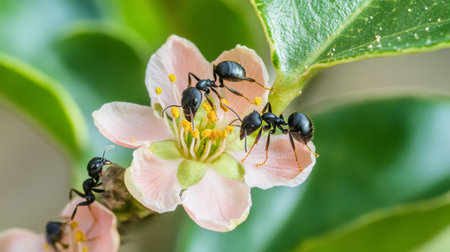 This image captures ants busy at work collecting nectar from a pink flower, highlighting the intricate details of nature and the vital role of pollinators in the ecosystem.の素材