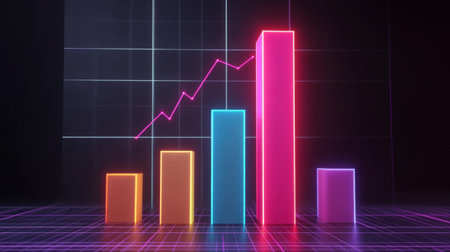 Vibrant neon bar graph with overlaid line chart visualizes data trends in a modern, tech-inspired setting, showcasing growth and performance metrics vividly.の素材