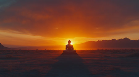 A mesmerizing silhouette of a Buddha against a brilliant sunset, capturing tranquility and peace amid a breathtaking natural landscape. Perfect for themes of spirituality and calm.の素材