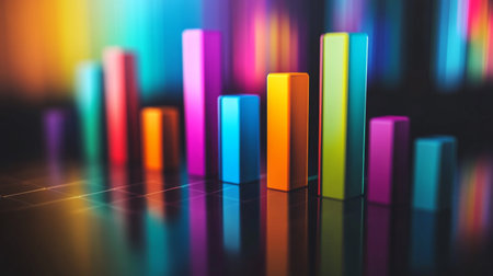 This image features a vibrant and colorful abstract bar graph showcasing modern data visualization on a glossy surface, ideal for presentations and creative projects.の素材