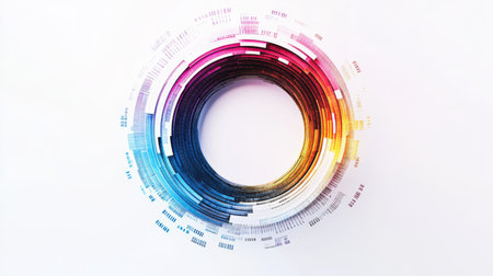 A stunning abstract design featuring a circular composition with vibrant colors and graphic elements, ideal for modern digital art and creative projects.の素材
