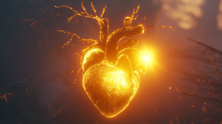 A stunning glowing heart with intricate branches radiates warmth and emotion, set against a mystical forest, capturing the essence of love and passion in an ethereal atmosphere.の素材