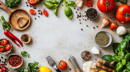 A vibrant arrangement of fresh vegetables, herbs, and spices on a rustic table, ideal for culinary presentations and recipe backgrounds, showcasing the essence of natural cooking.の素材