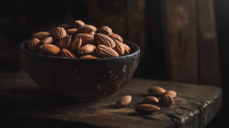 This image features a rustic wooden bowl filled with fresh almonds, highlighting their rich texture and color, beautifully lit in a warm, inviting atmosphere.の素材