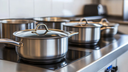 This image showcases a modern stainless steel cookware set placed on a sleek stove, ideal for cooking enthusiasts and home chefs in contemporary kitchens.の素材
