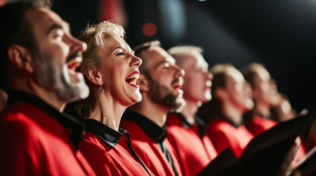 A vibrant choir performance featuring enthusiastic singers in red robes, passionately engaged in their music, creating a captivating scene filled with joy and expression.の素材