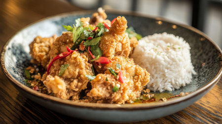 A tempting plate featuring crispy fried chicken garnished with fresh herbs, served alongside a portion of steamed white rice, perfect for any meal.の素材