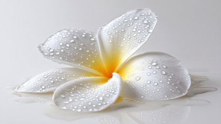 A stunning close-up image of a delicate white flower with water droplets on its petals, evoking a sense of purity and tranquility, perfect for nature-themed projects.の素材