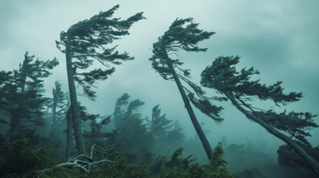 A powerful storm transforms a forest as trees bend under fierce winds, surrounded by a moody fog that envelops the landscape, evoking a sense of nature's raw beauty and power.の素材