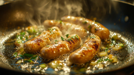 Juicy sausages sizzling in a frying pan, surrounded by fresh herbs and spices, highlighting the enticing process of cooking in a warm kitchen environment.の素材