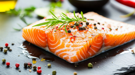 A beautifully presented raw salmon fillet garnished with fresh herbs and colorful spices, set on a dark slate background, ideal for food photography and healthy meal ideas.の素材
