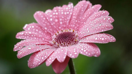 This stunning close-up image features a pink flower adorned with glistening water droplets, capturing the beauty and freshness of nature in a lush green setting.の素材