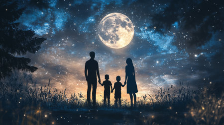 A stunning silhouette of a family stands together under a glowing full moon, surrounded by stars, creating a serene atmosphere filled with love and tranquility.の素材