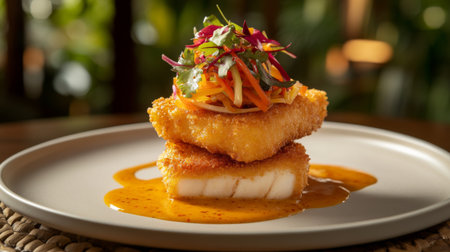 A beautifully presented fish fillet with a crispy coating and topped with a colorful salad, accompanied by a savory sauce, perfect for culinary enthusiasts and food lovers.の素材