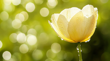 A stunning close-up of a yellow flower adorned with water droplets, set against a soft green bokeh, evoking a sense of peace and the beauty of nature in springtime.の素材