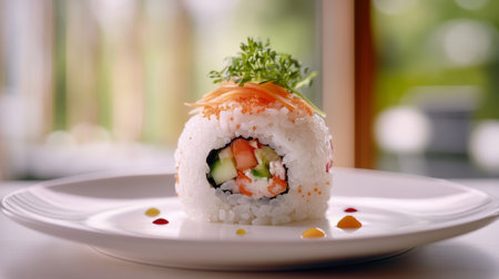 A beautifully arranged sushi roll on a plate, enhanced with fresh vegetables and herbs. This vibrant dish represents a fusion of flavors and culinary artistry.の素材