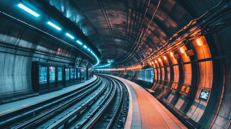 A captivating view of a modern subway tunnel showcasing curved tracks and vibrant lighting, illustrating the essence of urban transit in a futuristic setting.の素材