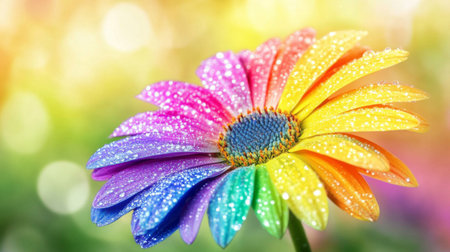 A stunning close-up of a colorful rainbow daisy flower adorned with sparkling dew drops, set against a softly blurred background, capturing the essence of nature's beauty and vibrancy.の素材