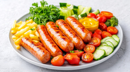 This vibrant plate features grilled sausages paired with fresh vegetables and condiments, making it a delightful choice for summer gatherings and food photography.の素材