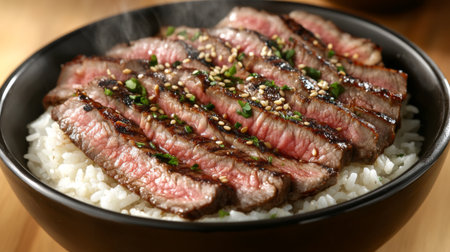 A mouthwatering bowl featuring perfectly grilled steak on fluffy rice, garnished with sesame seeds and green onions, ideal for food lovers and culinary enthusiasts.の素材
