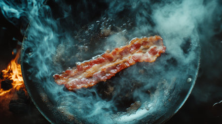 Captivating image of sizzling bacon cooking in a pan, surrounded by smoke and flames. This photo highlights the delightful textures and mouthwatering appeal of a classic breakfast favorite.の素材