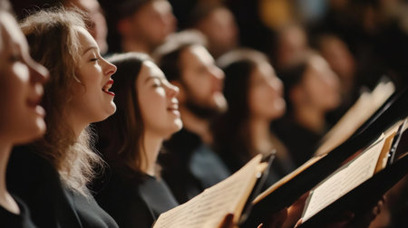 This image showcases a diverse group of choir singers passionately performing on stage, illuminated by warm lighting, with music sheets in their hands, conveying joy and unity.の素材