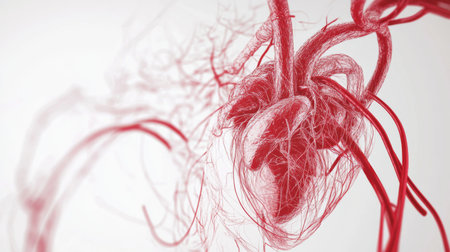 This abstract image features a red heart shape intertwined with soft threads and veins, evoking themes of life, emotion, and medical artistry in a unique composition.の素材