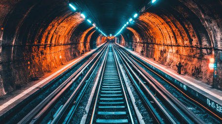 A stunning view of an underground train tunnel showcasing illuminated tracks that stretch into the distance, creating an atmospheric journey through urban infrastructure.の素材
