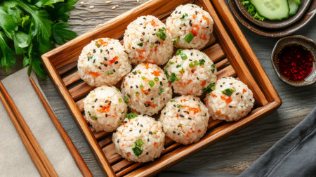 Enjoy a visually appealing arrangement of rice balls featuring bright colors and fresh ingredients, served alongside dipping sauces and garnished with vegetables.の素材