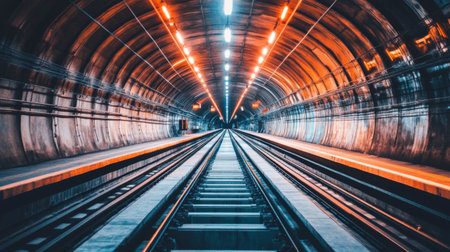 A stunning image capturing the essence of an illuminated subway tunnel, showcasing tracks leading to unknown destinations in a modern urban landscape.の素材