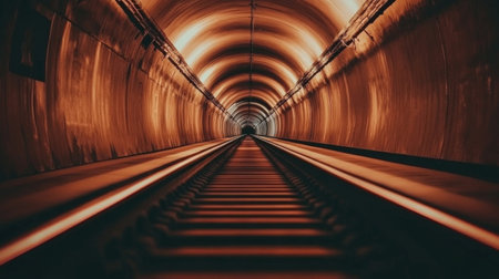Explore the captivating view of an underground tunnel featuring railway tracks, illuminated by warm tones and shadows, creating a sense of depth and architectural beauty.の素材