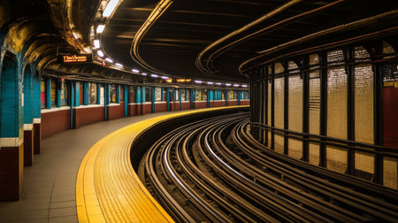 A serene subway platform curves elegantly, showcasing vibrant colors and architectural features in an underground city metro station, creating a unique urban experience.の素材