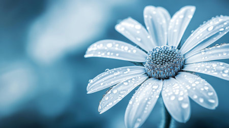 A stunning close-up of a white daisy adorned with water droplets, set against a soothing blue background, perfectly highlighting nature's delicate beauty and freshness.の素材