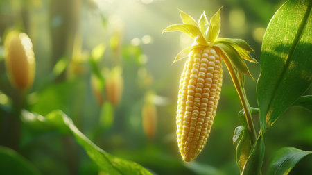 A close-up view of a sunlit corn cob surrounded by green leaves, showcasing the beauty of nature and agriculture during a serene morning in a rural setting.の素材
