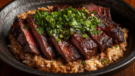 A beautifully presented plate featuring tender beef steak garnished with fresh herbs, served over savory rice. Perfect for food lovers and culinary enthusiasts.の素材