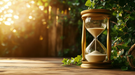 A beautiful hourglass sits on a wooden table, surrounded by lush green leaves. Soft sunlight shines through, creating a peaceful, reflective mood perfect for meditation on time.の素材