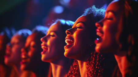 A captivating moment showcasing diverse artists passionately singing in harmony during a vibrant live performance, illuminated by colorful stage lights.の素材