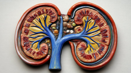 This colorful anatomical model of a human kidney showcases intricate details, including nephrons and blood vessels, perfect for educational and medical purposes.の素材