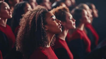 A powerful choir performance where women in red attire express deep emotions through their serious expressions, showcasing dedication and unity in music.の素材