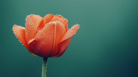 A stunning close-up of a fresh orange tulip, adorned with delicate water drops, showcases natureの素材