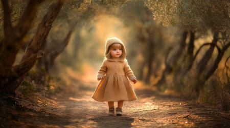 A charming young girl explores a serene olive grove, radiating innocence and joy amidst the warm, golden light of autumn, showcasing beauty in nature.の素材