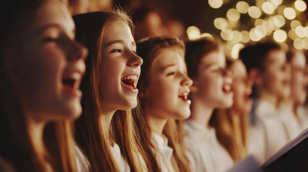 A heartwarming image of children in a choir performing joyfully. Their faces shine with happiness as they sing together, creating a festive and uplifting ambiance filled with glowing lights.の素材