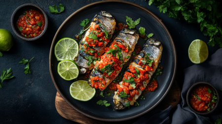 A beautifully plated dish featuring grilled fish topped with fresh tomato salsa and lime garnishes, perfect for showcasing vibrant culinary art in dining settings.の素材