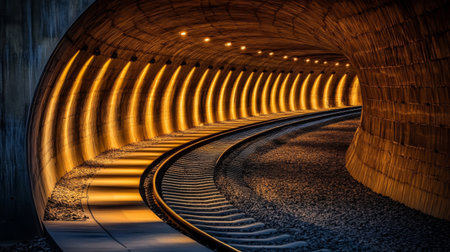 This atmospheric image captures a warmly lit tunnel with curved train tracks, showcasing textures and shadows that evoke a sense of mystery and exploration in a railway environment.の素材