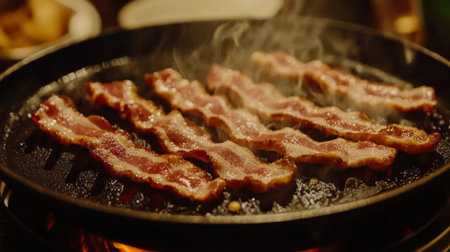 A mouthwatering view of bacon strips sizzling and releasing steam on a hot grill, showcasing the enticing flavors and comforting aroma of freshly cooked breakfast meats.の素材