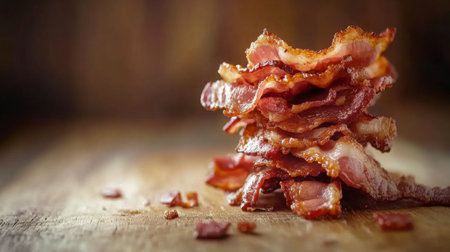 A tempting stack of crispy bacon strips arranged on a rustic wooden board, showcasing the appetizing texture and rich colors perfect for culinary-inspired photography projects.の素材