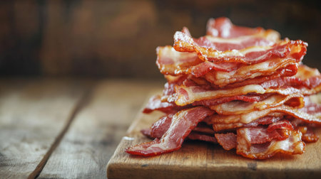 A tempting stack of crispy bacon strips on a wooden surface, ideal for breakfast dishes and food photography, evoking comfort and delicious flavor experiences.の素材