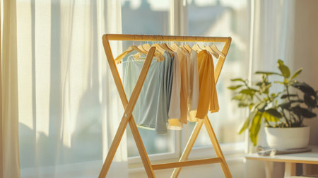 A serene indoor setting showcasing clothes drying on a wooden rack next to a window, illuminated by warm sunlight, complemented by a lush potted plant.の素材