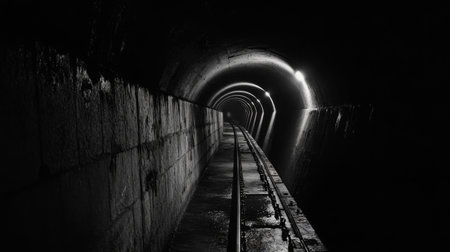 This striking image captures a dark underground tunnel with flickering lights, evoking mystery and intrigue in an urban exploration or film noir setting.の素材